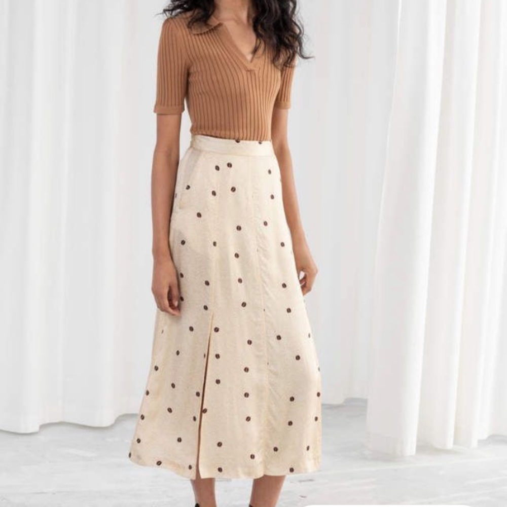 Cream Polka Dot A-Line Midi Skirt